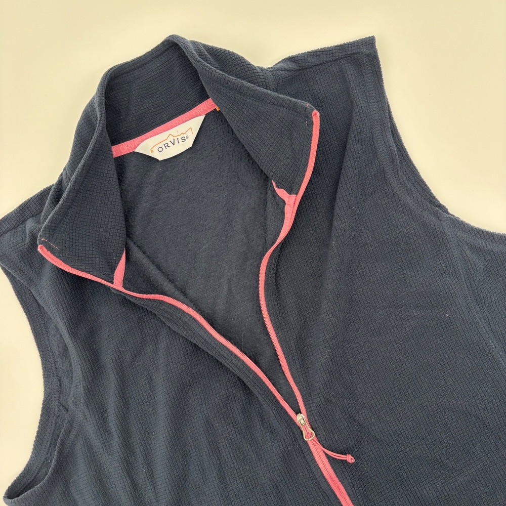 ORVIS Womens Fleece Vest Navy Blue Pink Zip Pockets Size L Outdoors